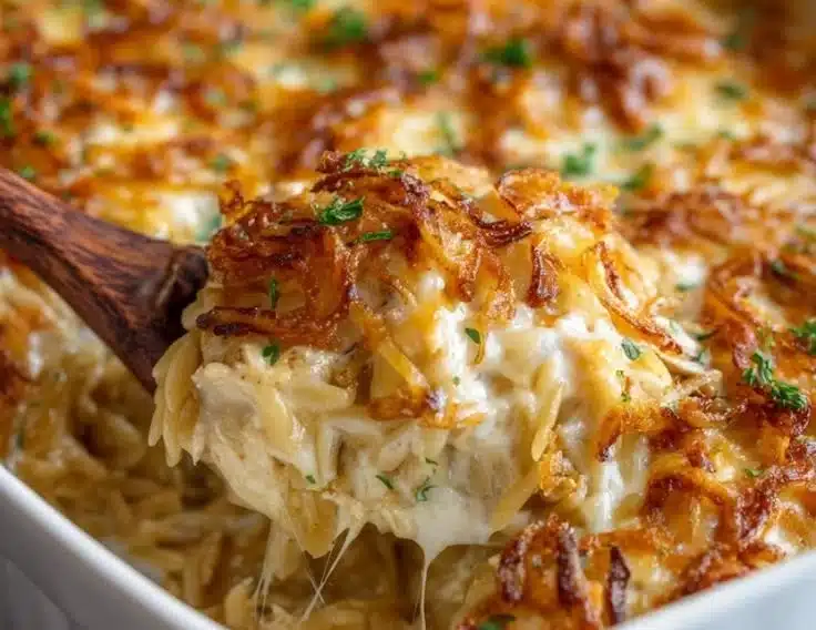 Delicious French Onion Chicken Orzo Casserole in a baking dish.