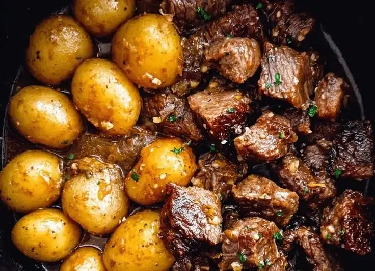 Garlic Butter Beef Bites served with golden roasted potatoes