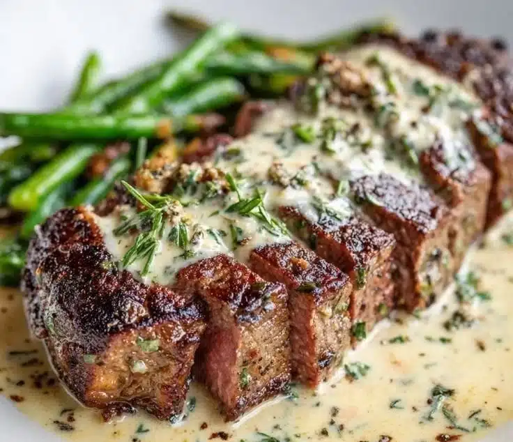 Garlic butter steak topped with rich parmesan cream sauce on a plate