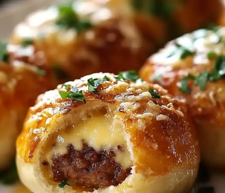 Garlic Parmesan Cheeseburger Bombs served on a plate with herbs and condiments.