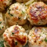 Greek Chicken Meatballs served with lemon orzo on a plate