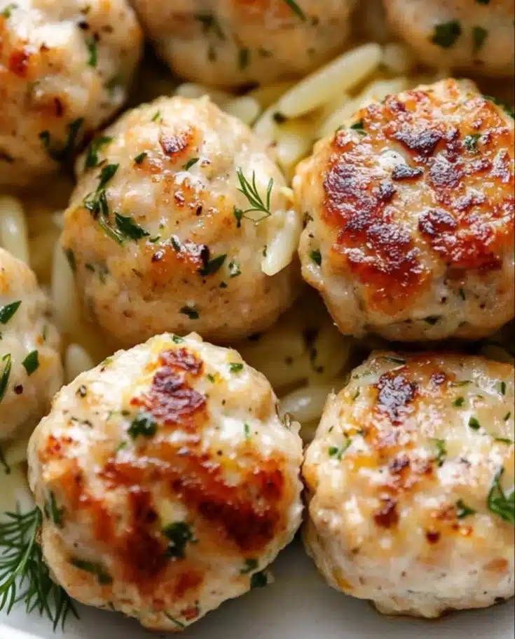 Greek Chicken Meatballs served with lemon orzo on a plate