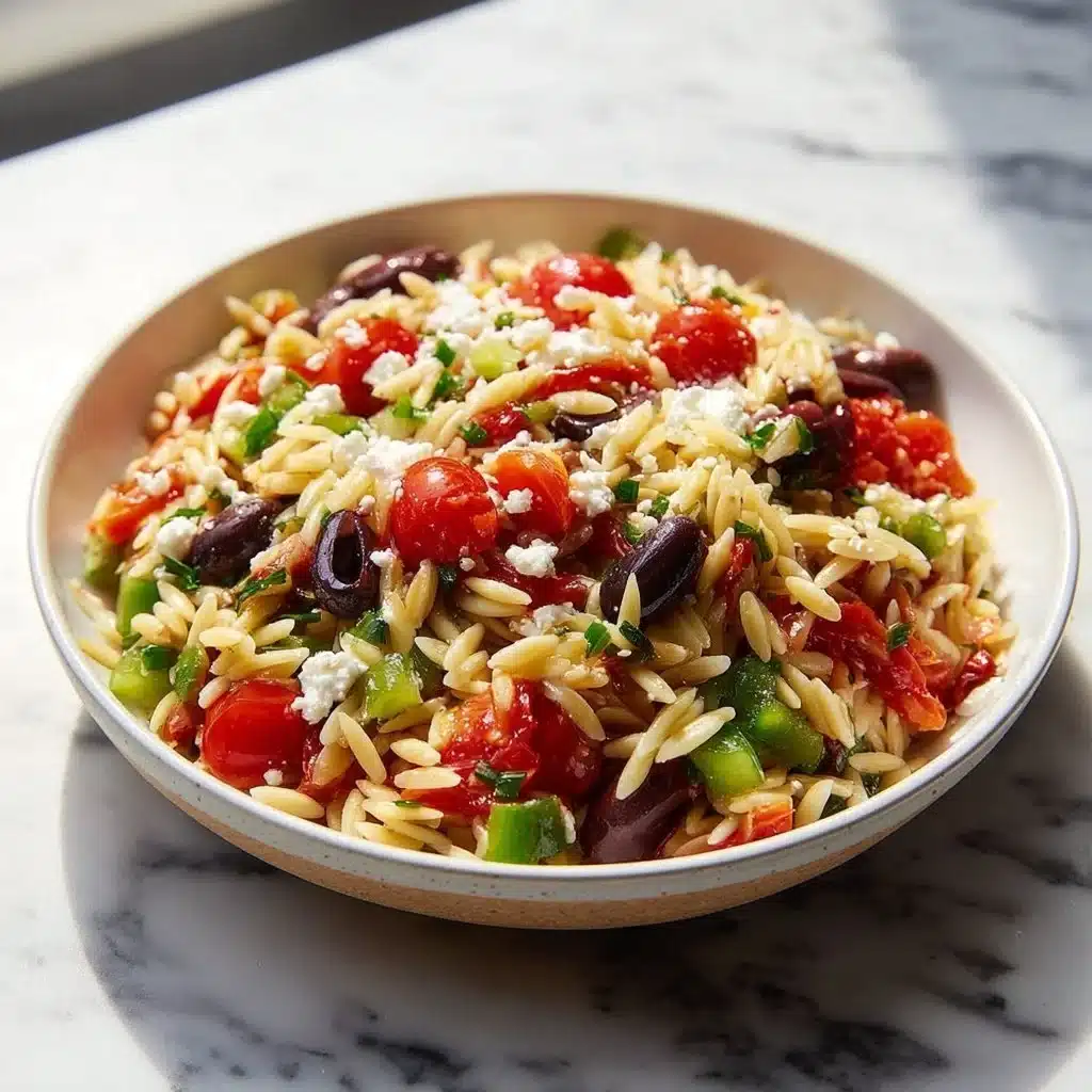 Greek Orzo Salad with fresh vegetables and feta cheese