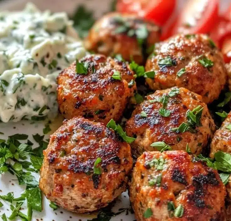 Greek Turkey Meatballs served with creamy tzatziki sauce