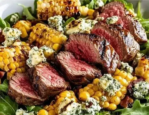 Delicious grilled balsamic steak salad with fresh greens and zesty dressing