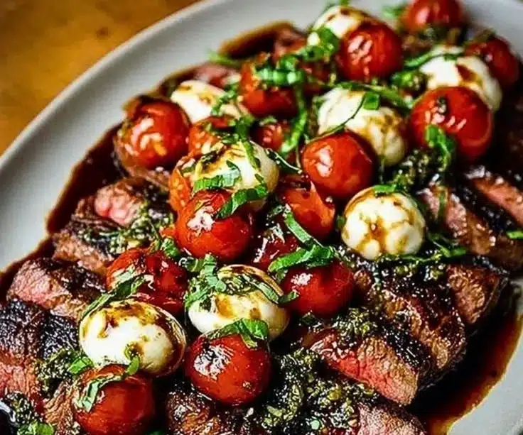 Grilled flank steak caprese with mozzarella and balsamic dressing