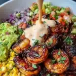 Grilled shrimp bowl with avocado, corn salsa, and creamy garlic sauce