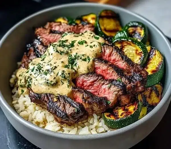 Grilled Steak Bowl with Sauce & Grilled Zucchini Bliss