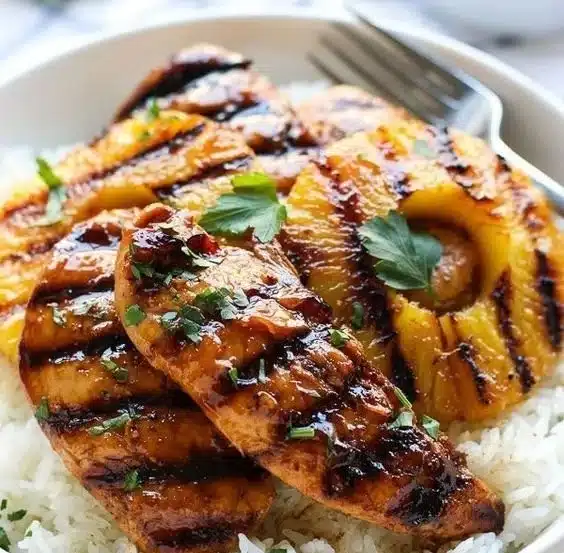 Hawaiian Chicken served with pineapple and coconut rice in a tropical setting.