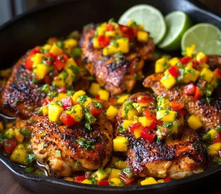 Healthy Honey Lime Chicken garnished with mango salsa on a plate