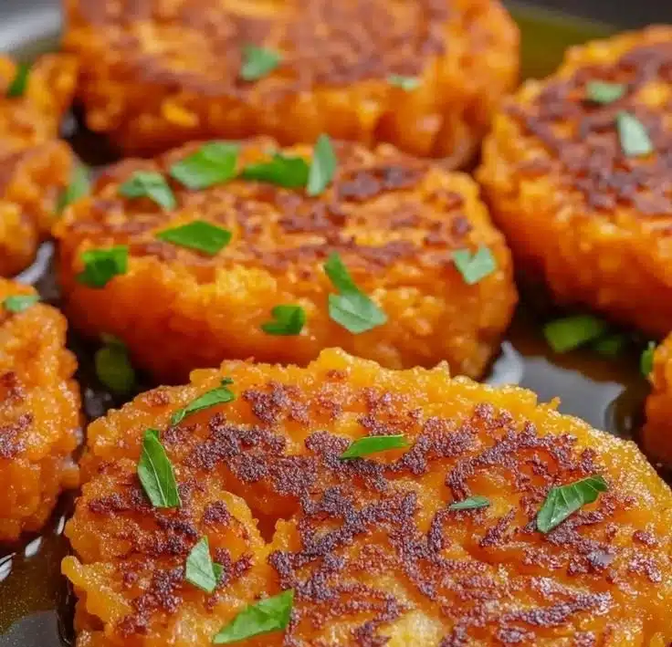 Healthy sweet potato hash browns served on a plate with fresh herbs.