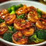 Delicious high-protein honey garlic shrimp served on a plate with vegetables.