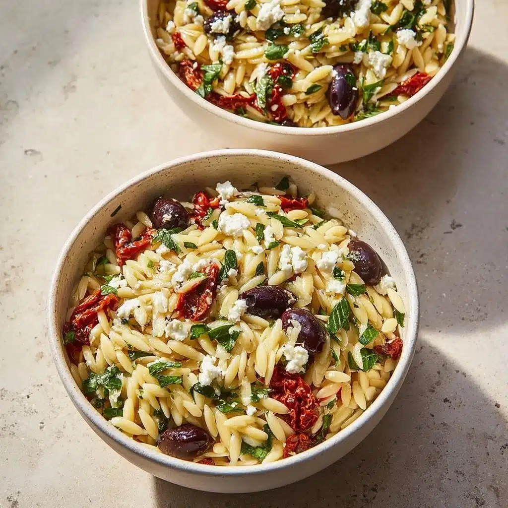 Homemade orzo pasta salad with feta cheese and sun-dried tomatoes.