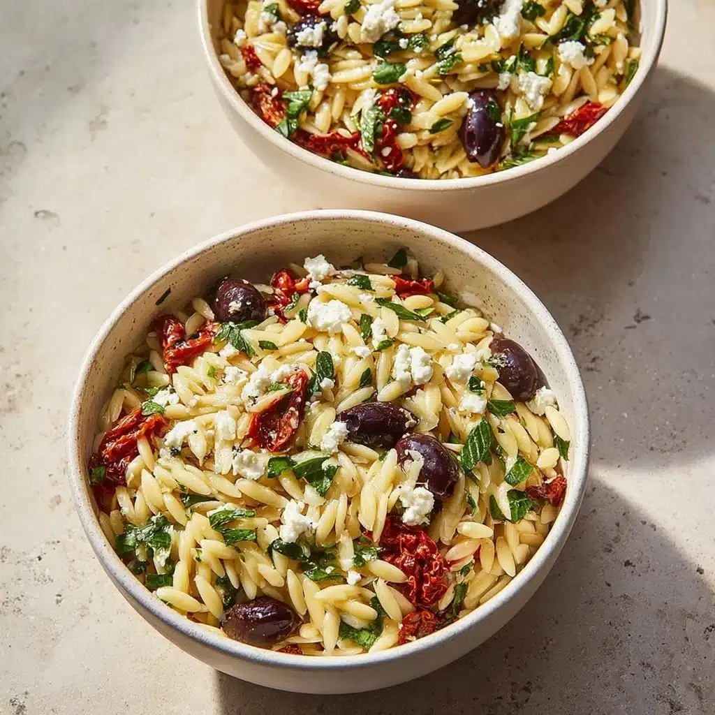 Homemade orzo pasta salad with feta cheese and sun-dried tomatoes in a bowl
