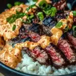 Korean BBQ Steak Rice Bowl with spicy cream sauce and fresh vegetables.