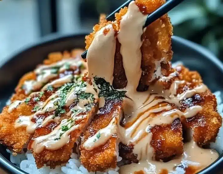 Delicious Japanese Katsu Bowl with crispy tonkatsu and savory sauce