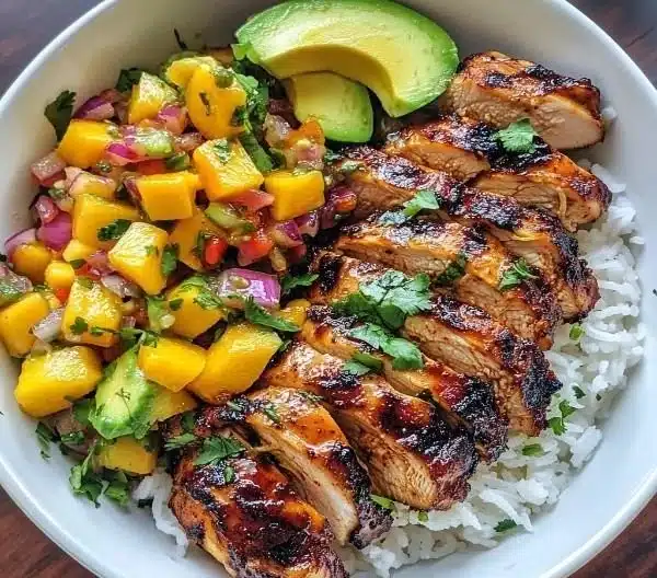 Jerk Chicken Bowls with Mango Salsa and Coconut Rice