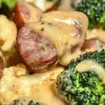 Keto Au Gratin with broccoli, cauliflower, and sausage in a creamy cheese sauce