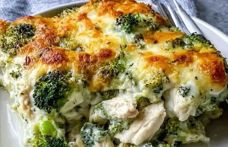 Keto Chicken Alfredo Broccoli Bake topped with cheese in a casserole dish.