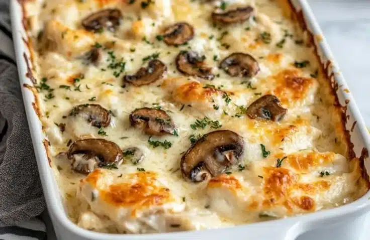 Delicious Keto Garlic Mushroom Chicken Casserole with succulent chicken and mushrooms