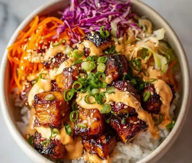 Delicious Korean BBQ chicken bowls served with vegetables and rice.