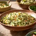Lemon Dill Orzo Salad with fresh herbs and vegetables in a bowl