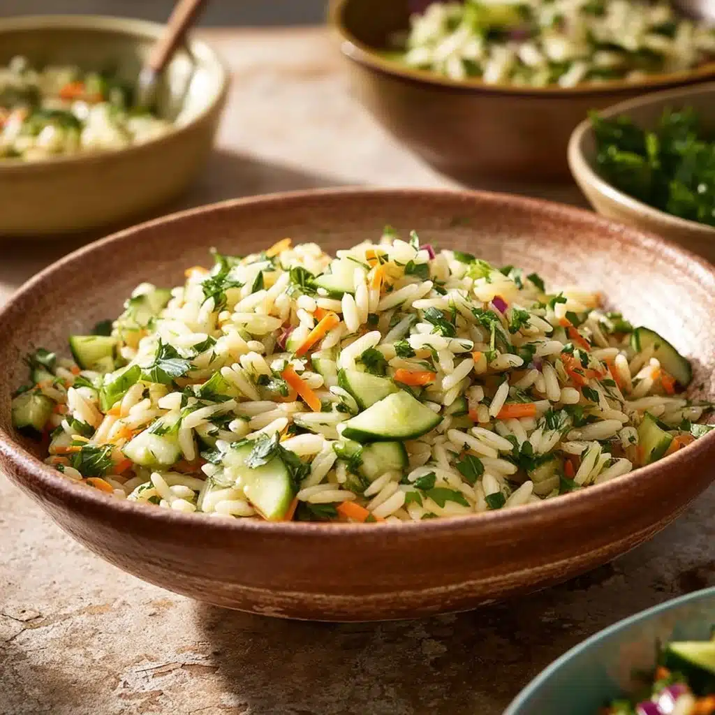 Lemon Dill Orzo Salad with fresh herbs and vegetables in a bowl