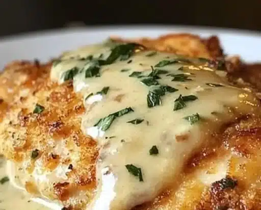 Lemon Pecorino Crusted Chicken plated with a fresh lemon wedge
