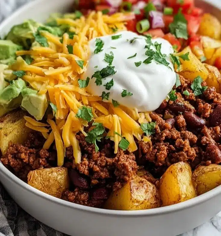 Delicious loaded potato taco bowl topped with cheese and toppings