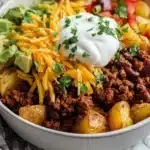 Loaded Potato Taco Bowl with toppings like cheese, sour cream, and salsa.