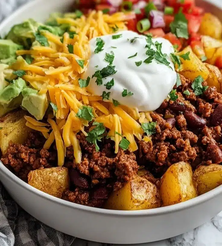 Loaded Potato Taco Bowl with toppings like cheese, sour cream, and salsa.