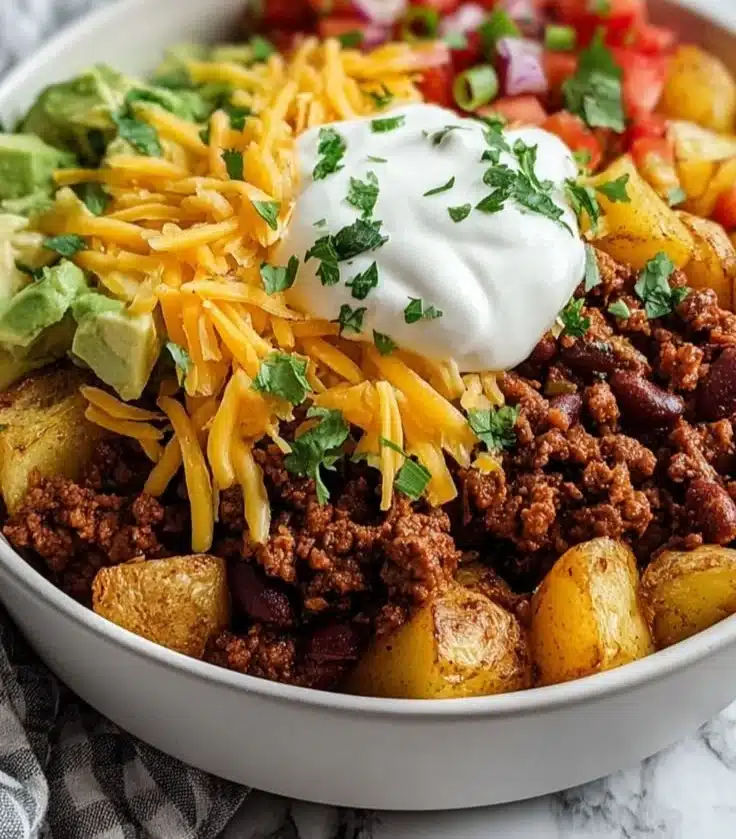 Loaded Potato Taco Bowl filled with crispy potatoes, toppings, and salsa.