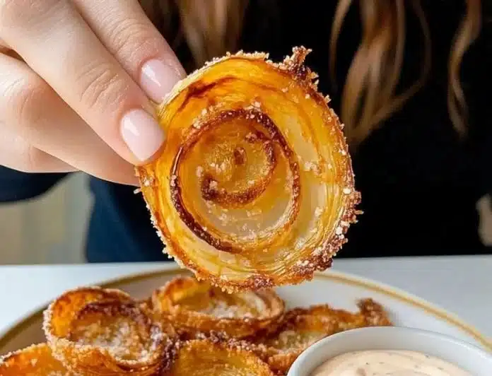 A plate of low-carb baked onion rings, golden and crispy, ready to eat.
