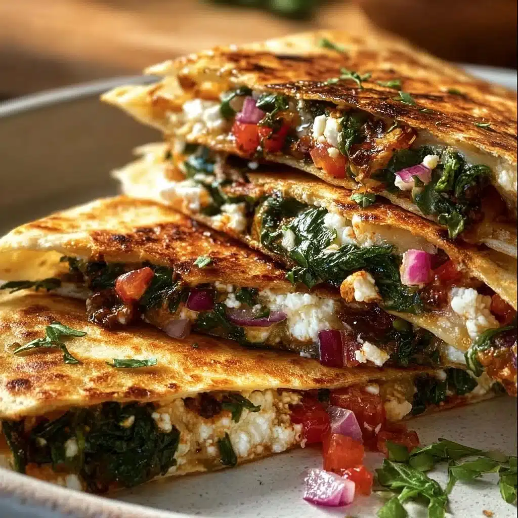 Mediterranean Quesadillas with spinach, feta, mozzarella, and red onion on a wooden board