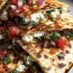 Mediterranean Quesadillas with spinach, feta, mozzarella, and red onion on a plate.