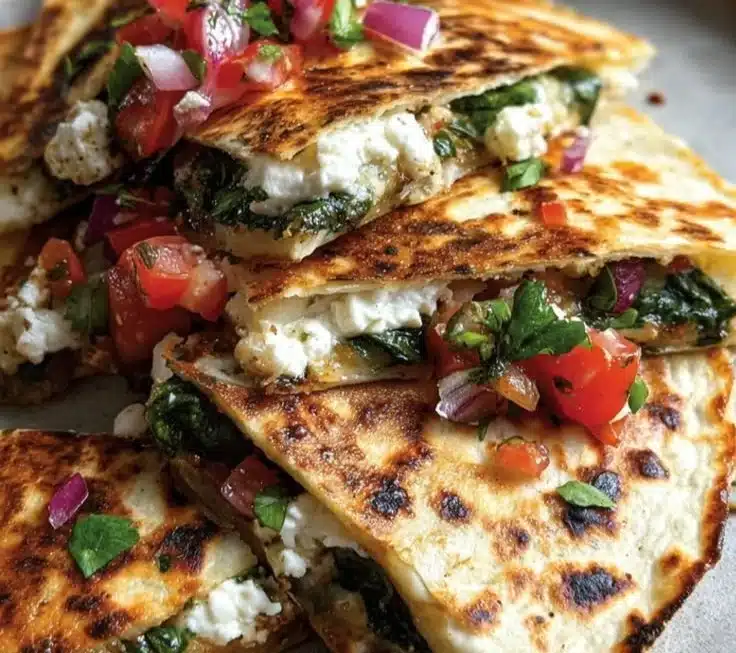Mediterranean Quesadillas with Spinach, Feta, Mozzarella, and Red Onion