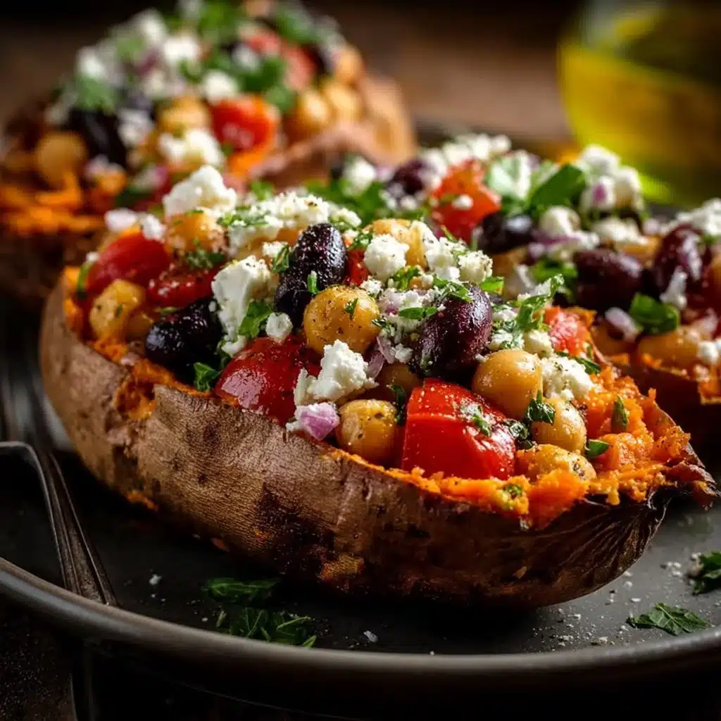 Mediterranean stuffed sweet potatoes topped with fresh herbs and vegetables