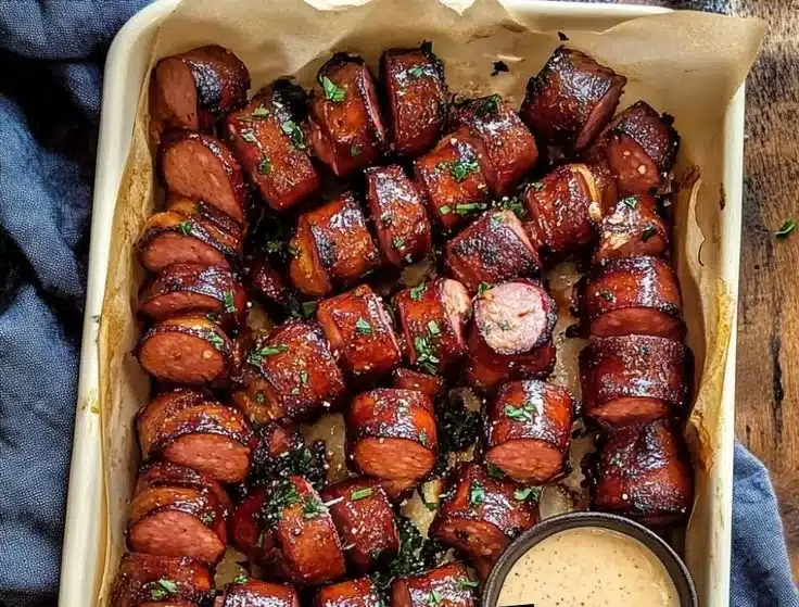 Mustard Hasselback Kielbasa Bites served on a platter with dipping sauce.