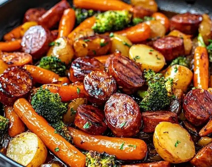 One-pan honey garlic kielbasa with colorful veggies, a quick family meal