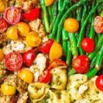One-Pan Pesto Chicken with tortellini and colorful veggies