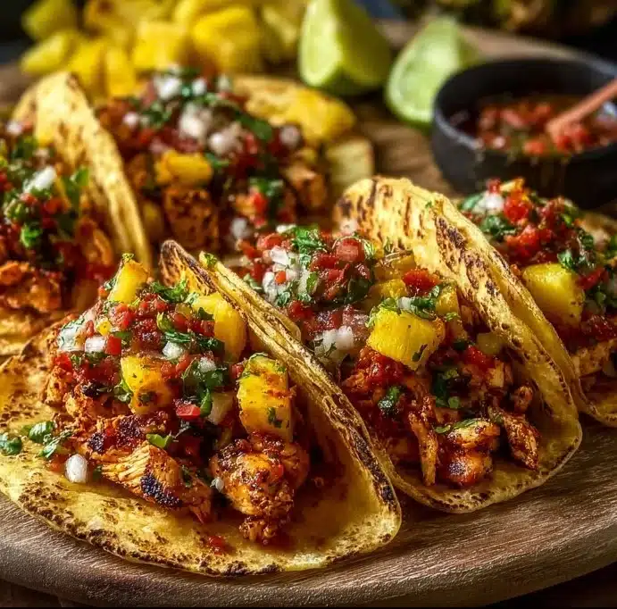 Delicious pineapple chicken tacos topped with fresh ingredients