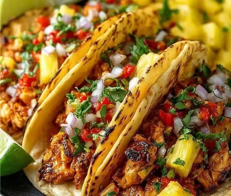 Delicious pineapple chicken tacos served with fresh toppings.
