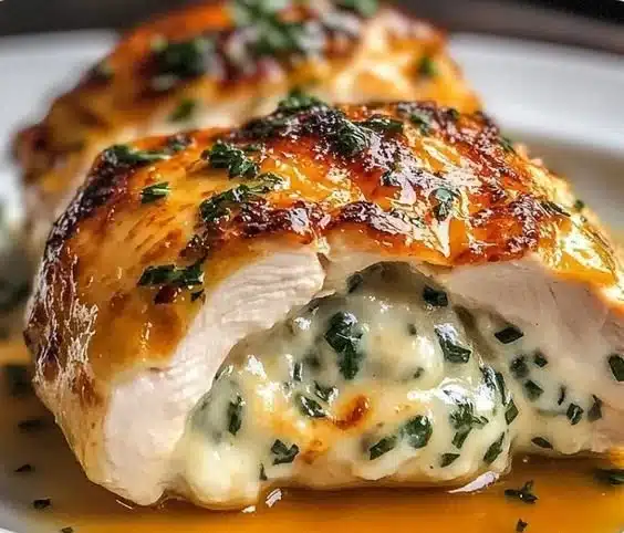 Homemade Ruth's Chris stuffed chicken on a plate garnished with herbs.
