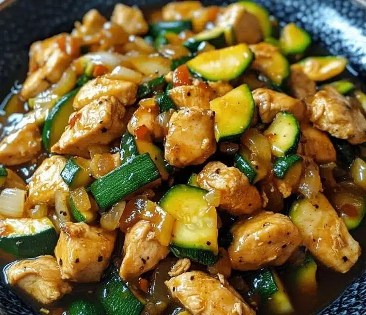 Simple chicken zucchini stir fry dish with colorful vegetables