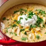 A bowl of Simple Keto White Chicken Chili topped with cilantro and jalapeños