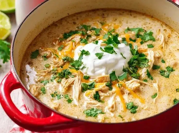A bowl of Simple Keto White Chicken Chili topped with cilantro and jalapeños
