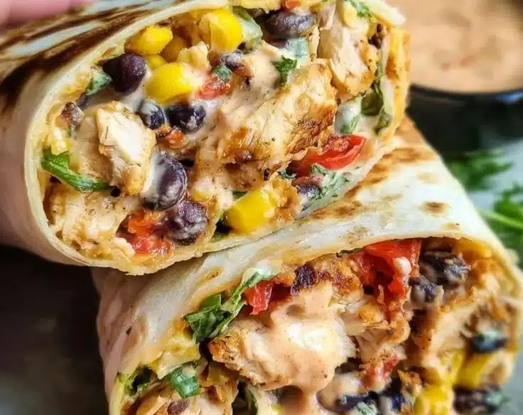Delicious Southwest Chicken Wrap with fresh veggies and zesty sauce