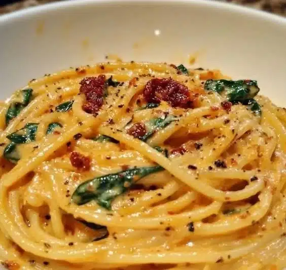 Plate of spaghetti spinach with sun-dried tomato cream sauce garnished with herbs