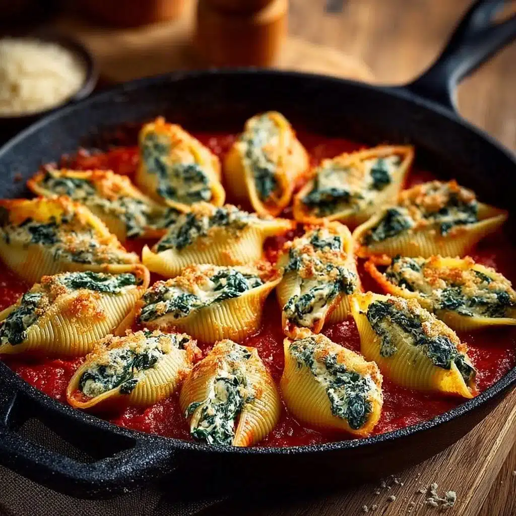 Plate of Spinach and Ricotta Stuffed Shells topped with marinara sauce