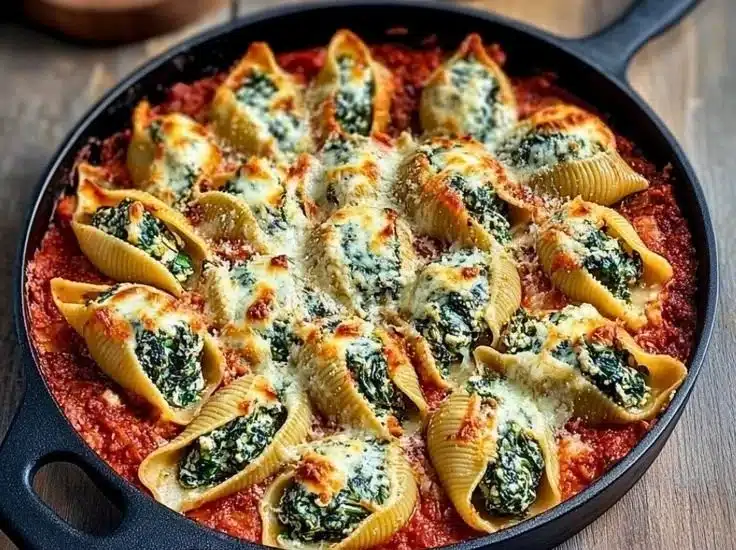 Baked spinach and ricotta stuffed shells topped with marinara sauce and cheese